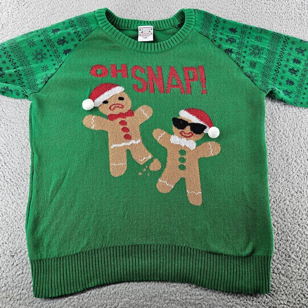 Ugly Christmas Sweater Womens XXL Green Fair Isle Gingerbread Man Oh Snap - Picture 2 of 16